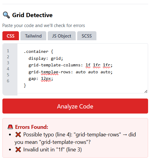 Grid Detective error checker detecting CSS Grid syntax errors and typos