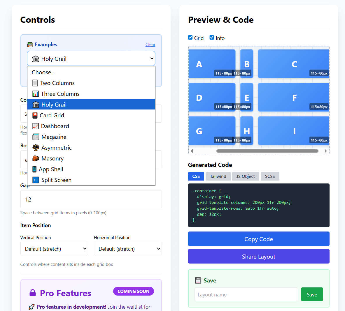 CSS Grid generator showing template dropdown with Holy Grail, Dashboard, Masonry layouts